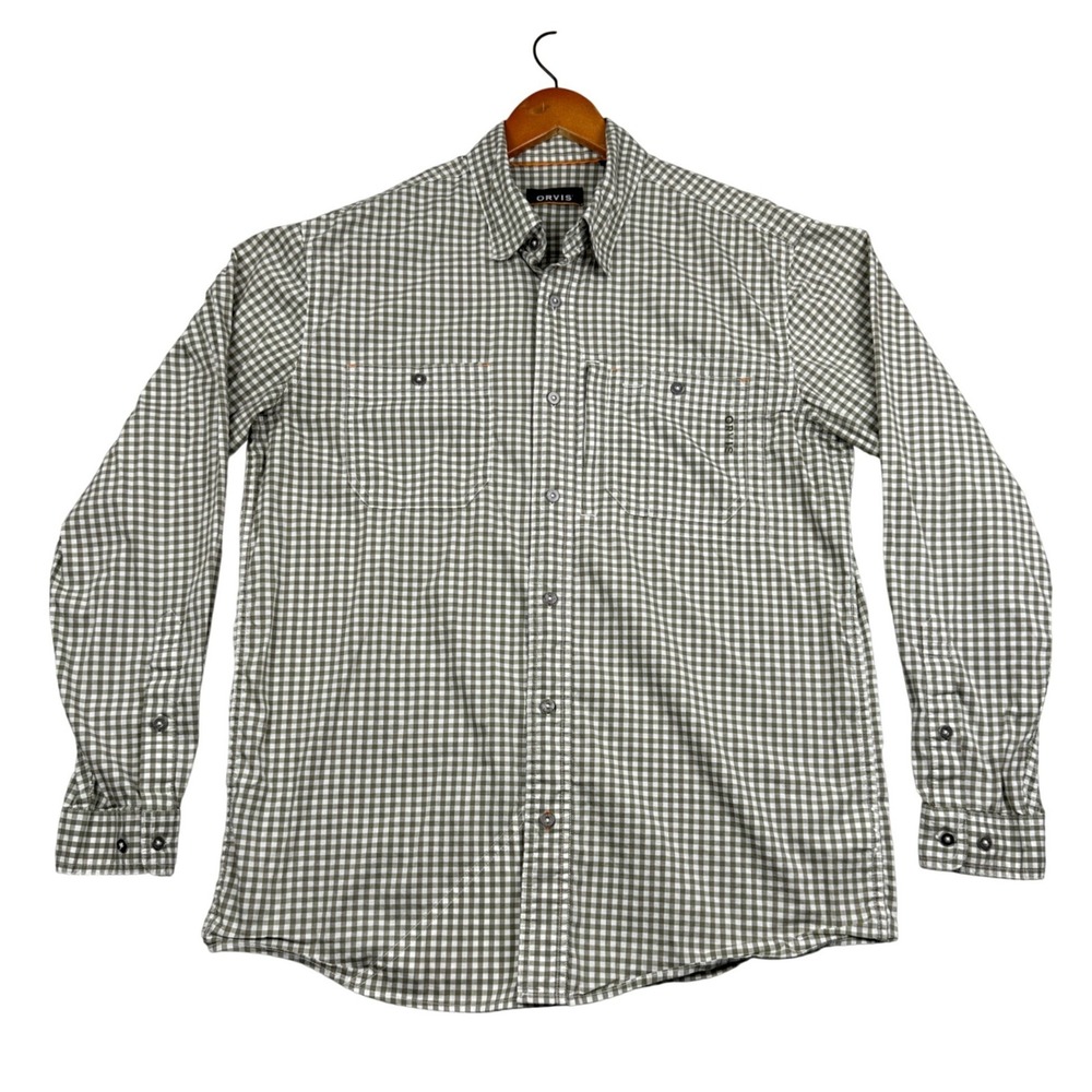 Orvis Shirt Men's Medium Green Gingham Button Front Long Sleeve